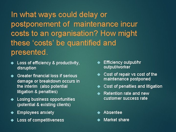 In what ways could delay or postponement of maintenance incur costs to an organisation?