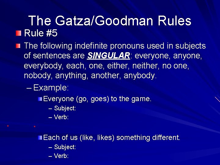 The Gatza/Goodman Rules Rule #5 The following indefinite pronouns used in subjects of sentences