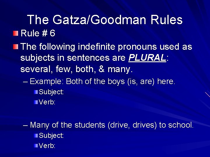The Gatza/Goodman Rules Rule # 6 The following indefinite pronouns used as subjects in