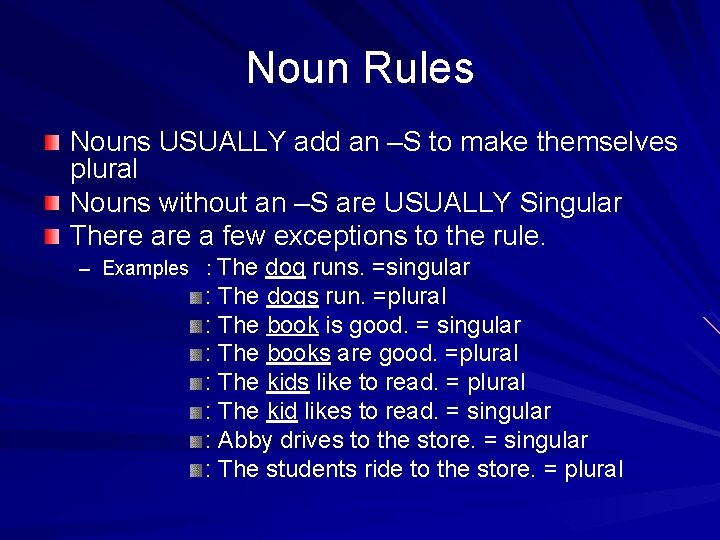 Noun Rules Nouns USUALLY add an –S to make themselves plural Nouns without an