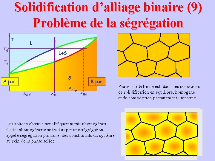 Solidification d’alliage binaire (9) Problème de la ségrégation T Td L L+S Tf S