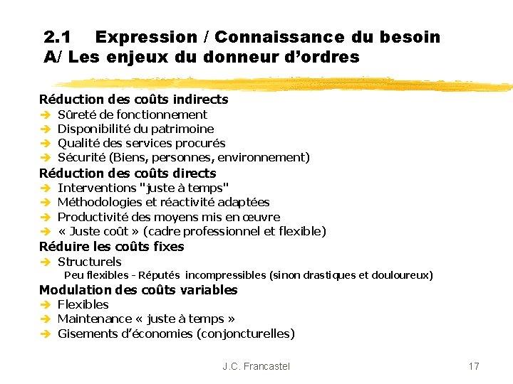 2. 1 Expression / Connaissance du besoin A/ Les enjeux du donneur d’ordres Réduction