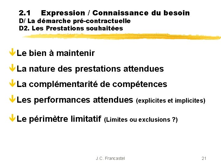 2. 1 Expression / Connaissance du besoin D/ La démarche pré-contractuelle D 2. Les