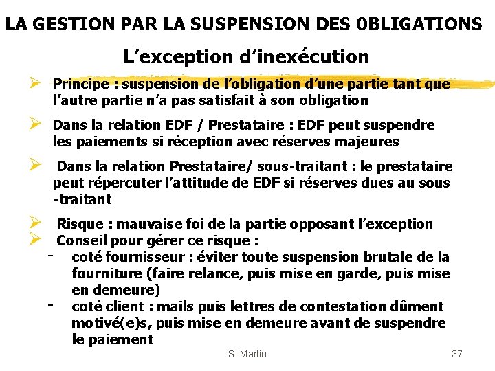 LA GESTION PAR LA SUSPENSION DES 0 BLIGATIONS L’exception d’inexécution Ø Principe : suspension
