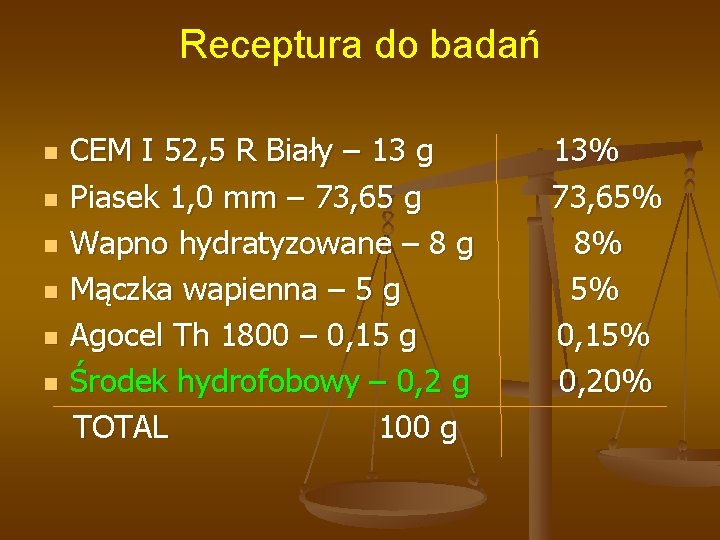 Receptura do badań n n n CEM I 52, 5 R Biały – 13