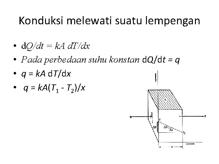 Konduksi melewati suatu lempengan • • d. Q/dt = k. A d. T/dx Pada