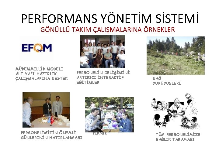 PERFORMANS YÖNETİM SİSTEMİ GÖNÜLLÜ TAKIM ÇALIŞMALARINA ÖRNEKLER MÜKEMMELLİK MODELİ ALT YAPI HAZIRLIK ÇALIŞMALARINA DESTEK