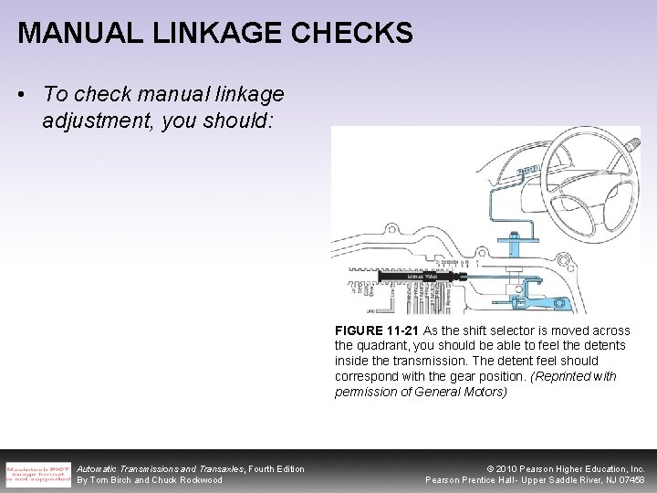 MANUAL LINKAGE CHECKS • To check manual linkage adjustment, you should: FIGURE 11 -21