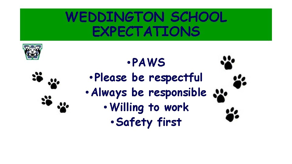 WEDDINGTON SCHOOL EXPECTATIONS • PAWS • Please be respectful • Always be responsible •