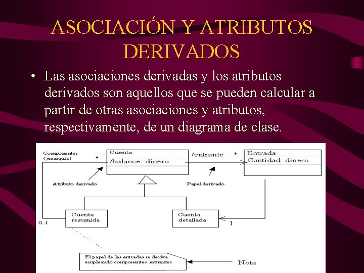 ASOCIACIÓN Y ATRIBUTOS DERIVADOS • Las asociaciones derivadas y los atributos derivados son aquellos