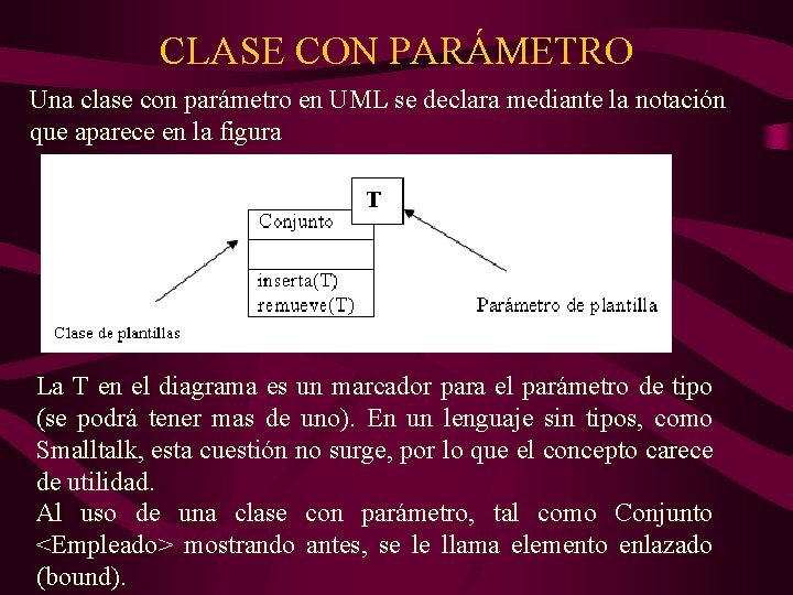 CLASE CON PARÁMETRO Una clase con parámetro en UML se declara mediante la notación