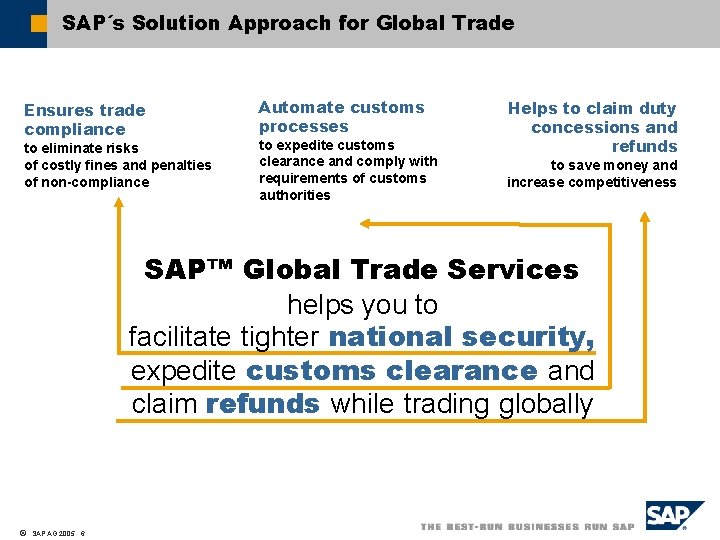SAP´s Solution Approach for Global Trade Ensures trade compliance to eliminate risks of costly