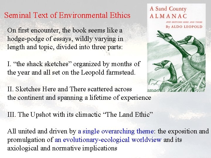 Seminal Text of Environmental Ethics On first encounter, the book seems like a hodge-podge