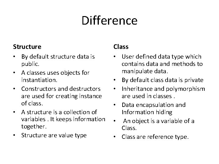 Difference Structure Class • By default structure data is public. • A classes uses