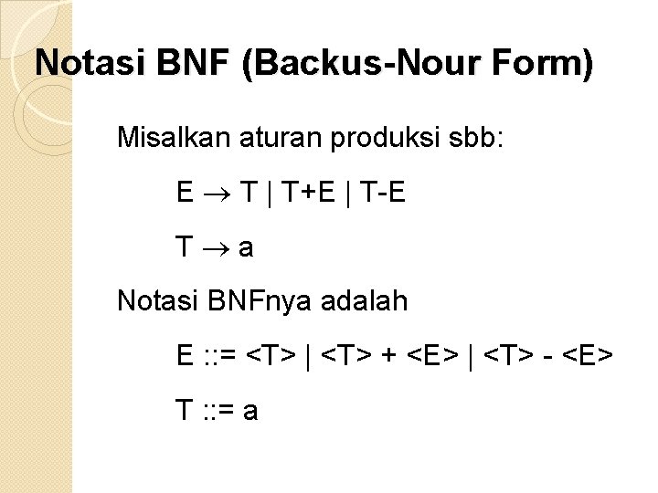 Notasi BNF (Backus-Nour Form) Misalkan aturan produksi sbb: E T | T+E | T-E