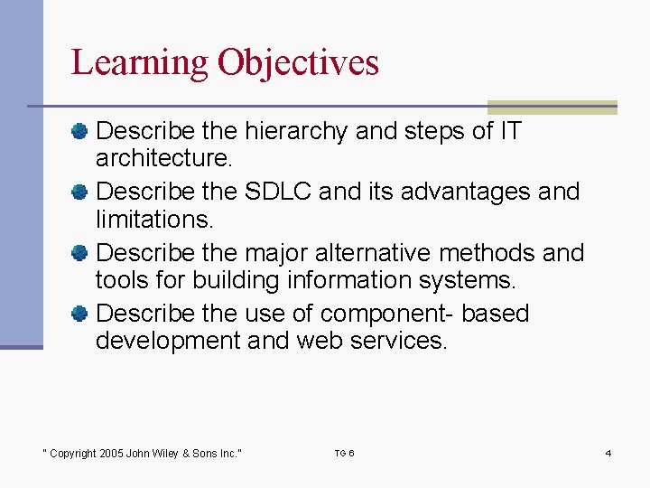 Learning Objectives Describe the hierarchy and steps of IT architecture. Describe the SDLC and