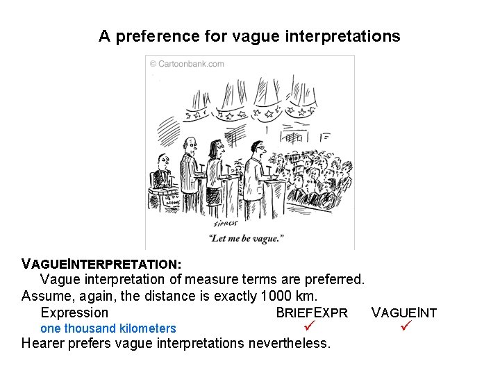 A preference for vague interpretations VAGUEINTERPRETATION: Vague interpretation of measure terms are preferred. Assume,