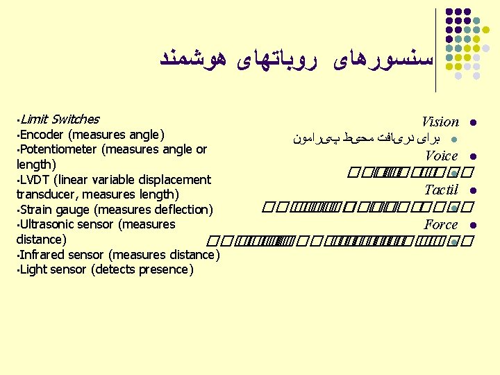  ﺳﻨﺴﻮﺭﻫﺎی ﺭﻭﺑﺎﺗﻬﺎی ﻫﻮﺷﻤﻨﺪ • Limit Switches Vision l • Encoder (measures angle) ﺑﺮﺍی