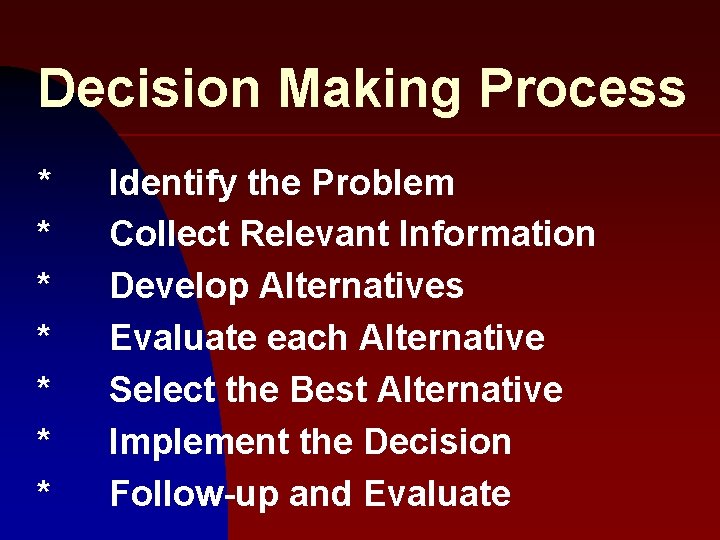 Decision Making Process * * * * Identify the Problem Collect Relevant Information Develop