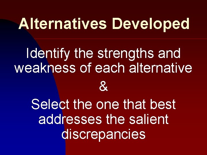 Alternatives Developed Identify the strengths and weakness of each alternative & Select the one