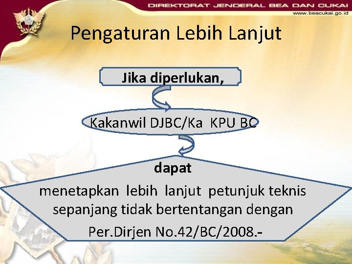 Pengaturan Lebih Lanjut Jika diperlukan, Kakanwil DJBC/Ka KPU BC dapat menetapkan lebih lanjut petunjuk Pengaturan Lebih Lanjut Jika diperlukan, Kakanwil DJBC/Ka KPU BC dapat menetapkan lebih lanjut petunjuk