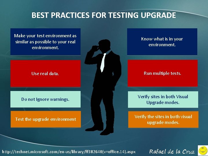 BEST PRACTICES FOR TESTING UPGRADE Make your test environment as similar as possible to