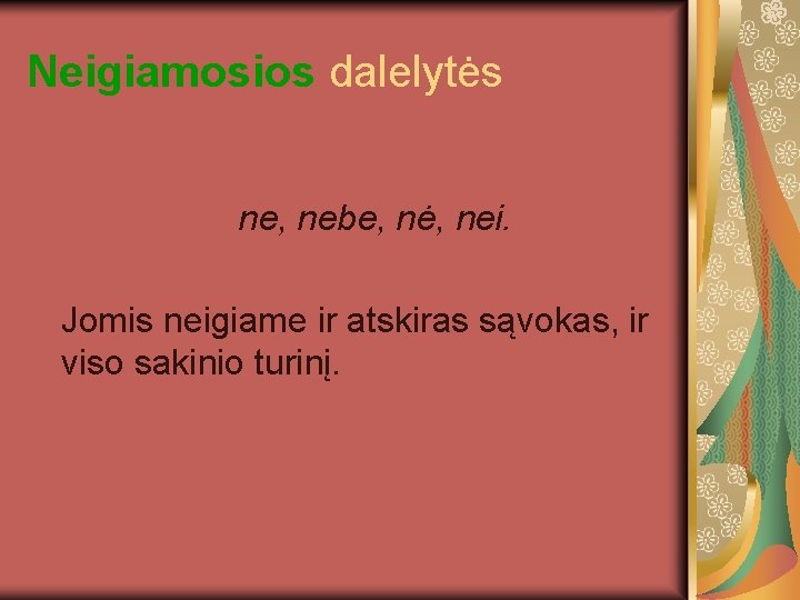 Neigiamosios dalelytės ne, nebe, nė, nei. Jomis neigiame ir atskiras sąvokas, ir viso sakinio