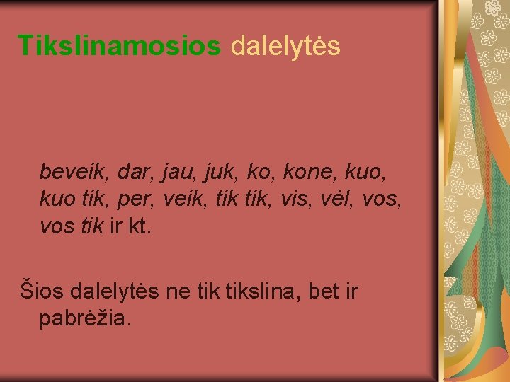 Tikslinamosios dalelytės beveik, dar, jau, juk, kone, kuo, kuo tik, per, veik, tik, vis,
