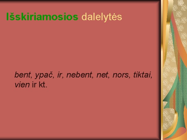 Išskiriamosios dalelytės bent, ypač, ir, nebent, net, nors, tiktai, vien ir kt. 