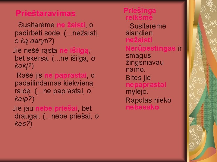  Prieštaravimas Susitarėme ne žaisti, o padirbėti sode. (. . . nežaisti, o ką