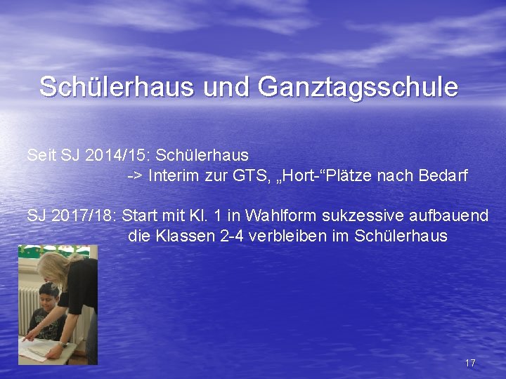 Schülerhaus und Ganztagsschule Seit SJ 2014/15: Schülerhaus -> Interim zur GTS, „Hort-“Plätze nach Bedarf