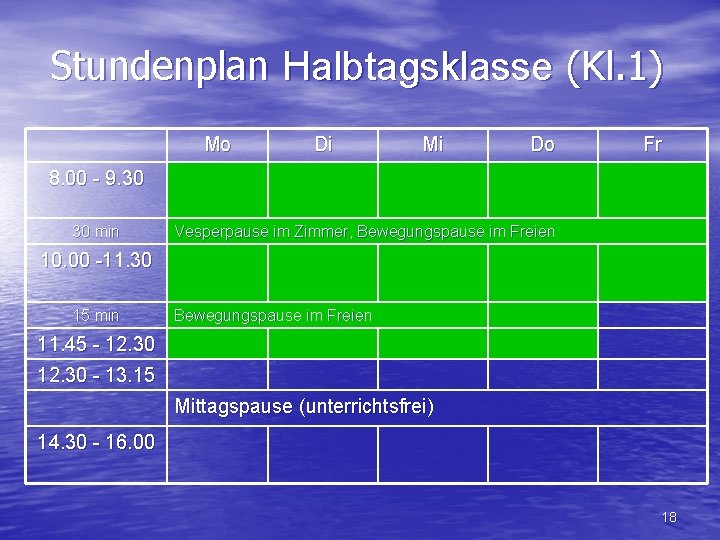 Stundenplan Halbtagsklasse (Kl. 1) Mo Di Mi Do Fr 8. 00 - 9. 30