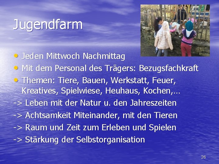 Jugendfarm • Jeden Mittwoch Nachmittag • Mit dem Personal des Trägers: Bezugsfachkraft • Themen: