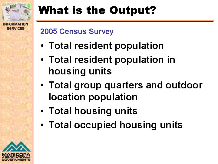 What is the Output? 2005 Census Survey • Total resident population in housing units