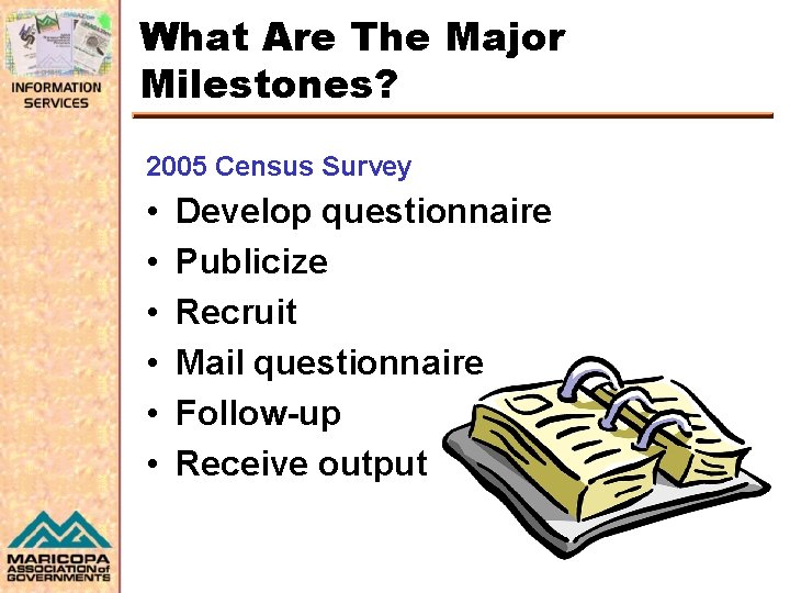 What Are The Major Milestones? 2005 Census Survey • • • Develop questionnaire Publicize