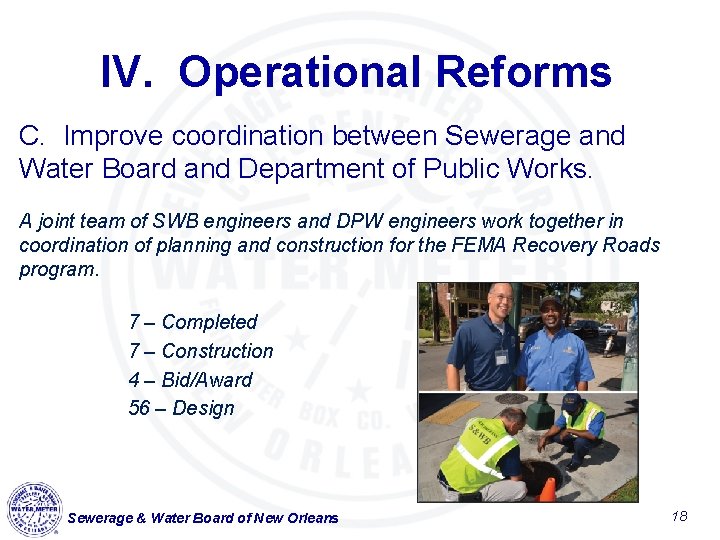 IV. Operational Reforms C. Improve coordination between Sewerage and Water Board and Department of