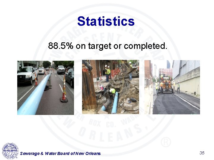 Statistics 88. 5% on target or completed. Sewerage & Water Board of New Orleans