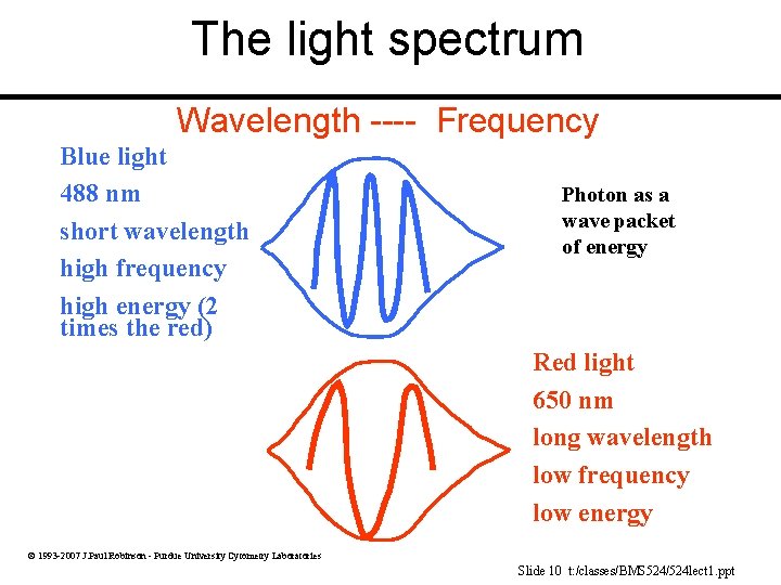 The light spectrum Wavelength ---- Frequency Blue light 488 nm short wavelength high frequency