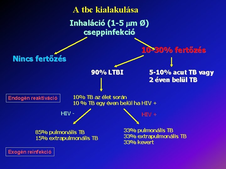 A tbc kialakulása Inhaláció (1 -5 m Ø) cseppinfekció 10 -30% fertőzés Nincs fertőzés