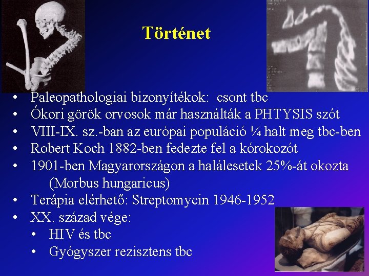 Történet • • • Paleopathologiai bizonyítékok: csont tbc Ókori görök orvosok már használták a