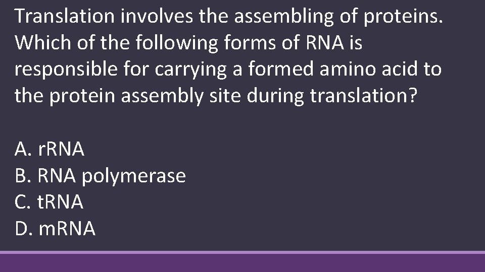 Translation involves the assembling of proteins. Which of the following forms of RNA is