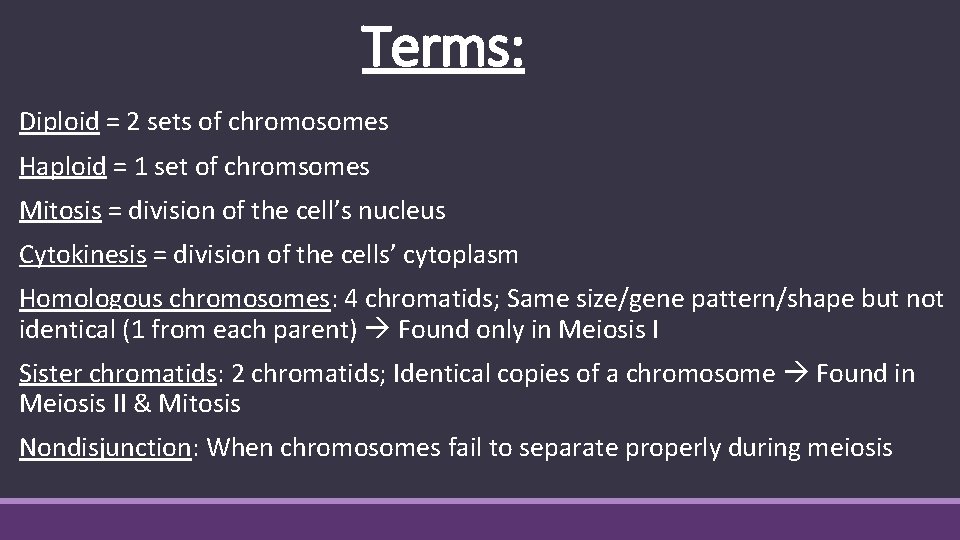 Terms: Diploid = 2 sets of chromosomes Haploid = 1 set of chromsomes Mitosis