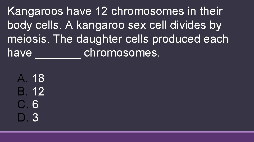 Kangaroos have 12 chromosomes in their body cells. A kangaroo sex cell divides by