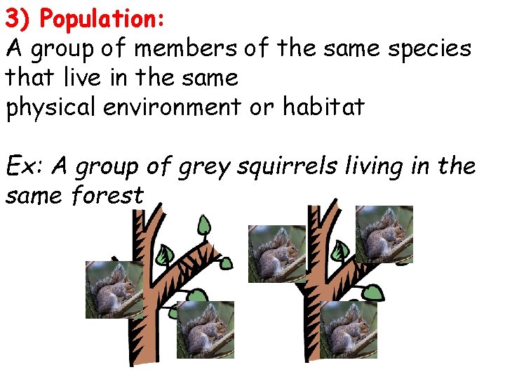 3) Population: A group of members of the same species that live in the