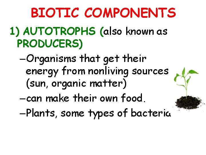 BIOTIC COMPONENTS 1) AUTOTROPHS (also known as PRODUCERS) – Organisms that get their energy