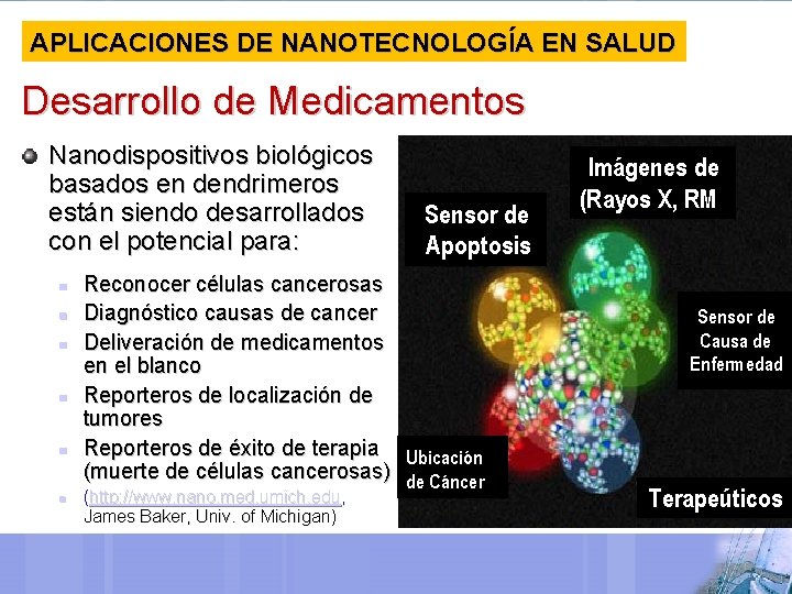 APLICACIONES DE NANOTECNOLOGÍA EN SALUD Desarrollo de Medicamentos Nanodispositivos biológicos basados en dendrimeros están
