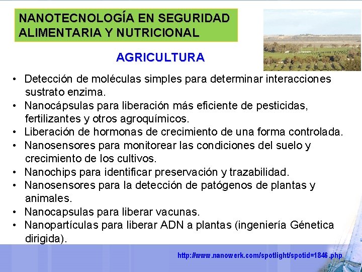 NANOTECNOLOGÍA EN SEGURIDAD ALIMENTARIA Y NUTRICIONAL AGRICULTURA • Detección de moléculas simples para determinar