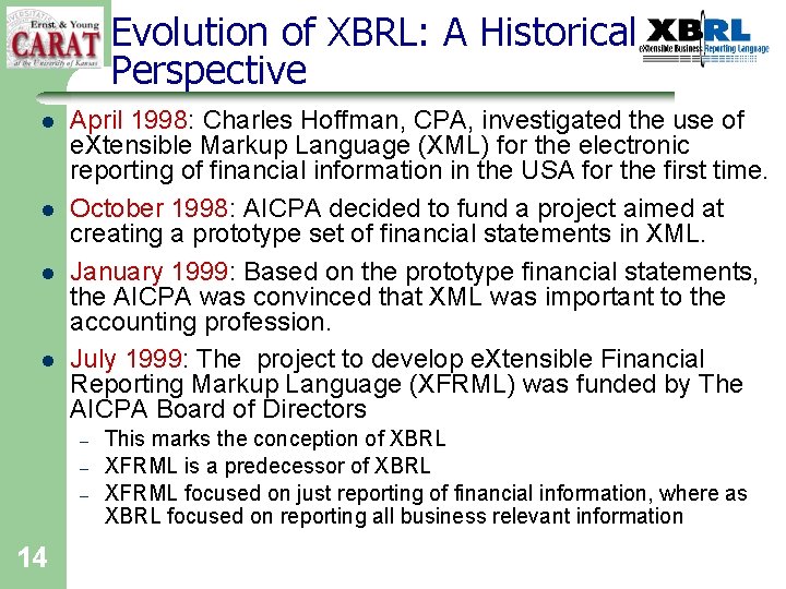 Evolution of XBRL: A Historical Perspective l l April 1998: Charles Hoffman, CPA, investigated