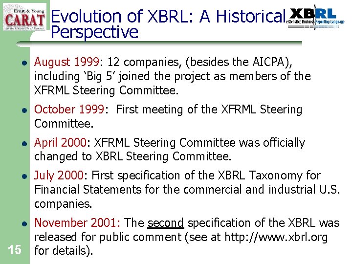 Evolution of XBRL: A Historical Perspective l August 1999: 12 companies, (besides the AICPA),