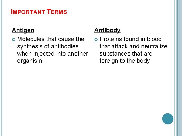 IMPORTANT TERMS Antigen Antibody Molecules that cause the Proteins found in blood synthesis of